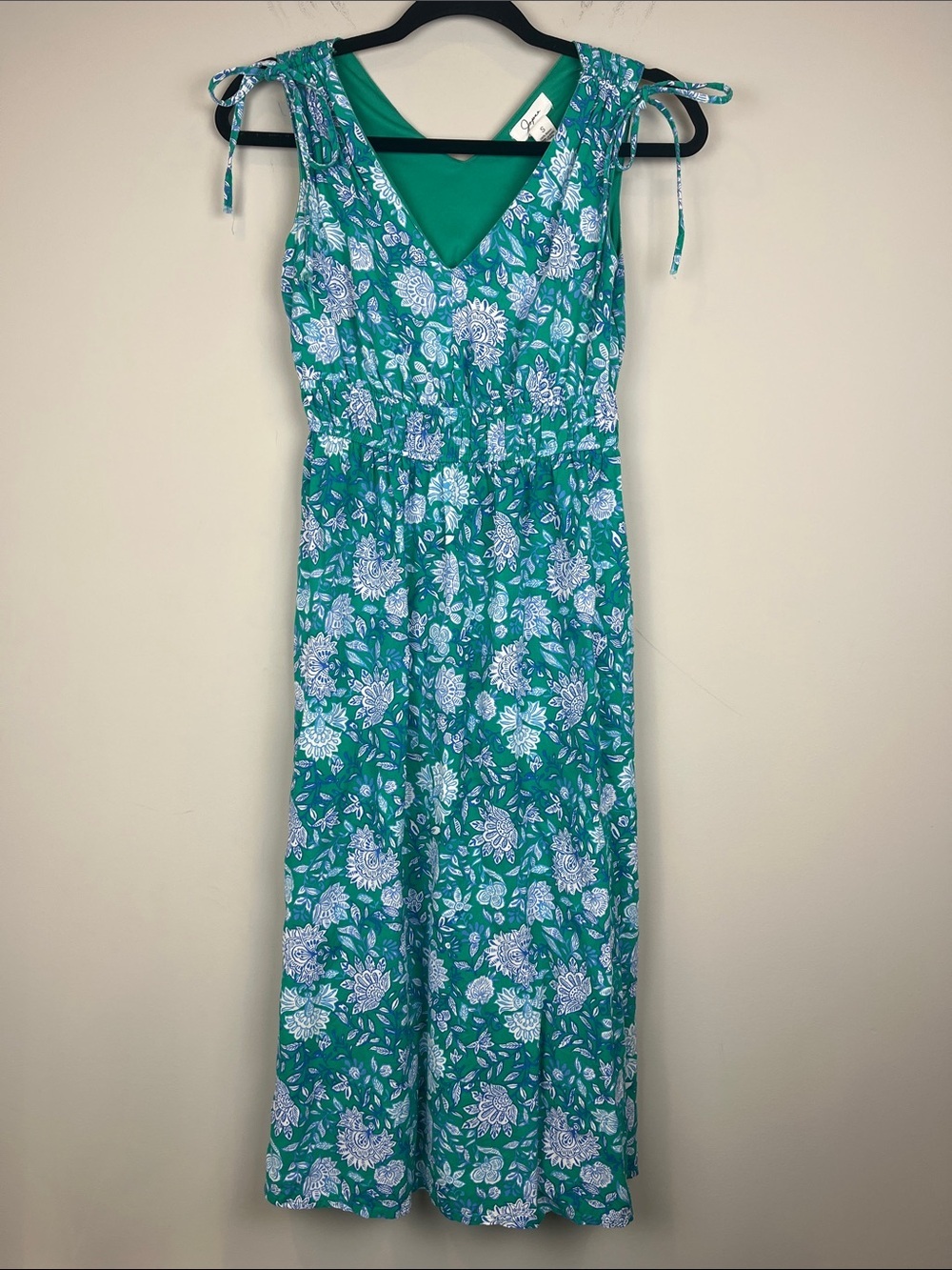Japna Teal Green Blue White Floral V-neck Midi Dress Size Small